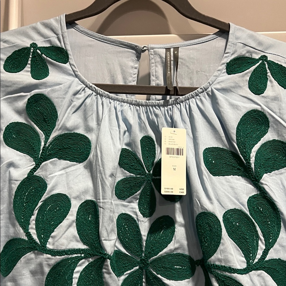 Anthropologie Light Blue Midi Dress with Green Embroidery